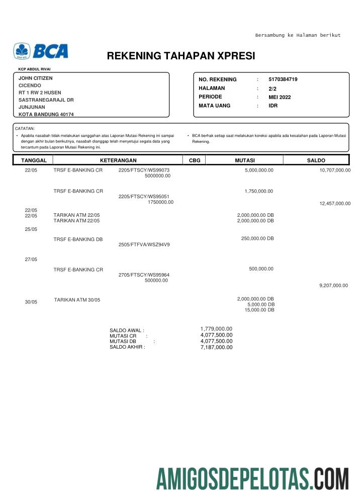 Modelo de extrato bancário INDONÉSIA BCA para download, formato Word e PDF